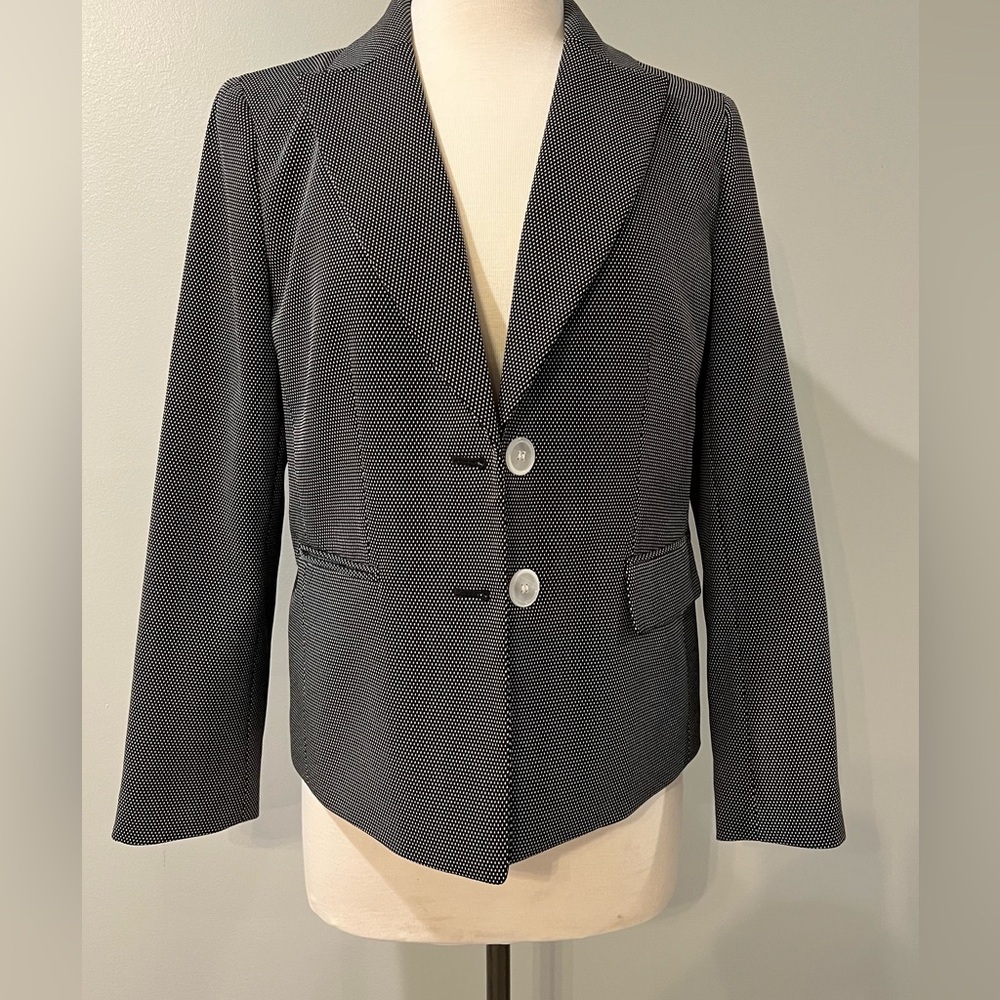 Black and white polka dot patterned blazer by Kasper. Size 8